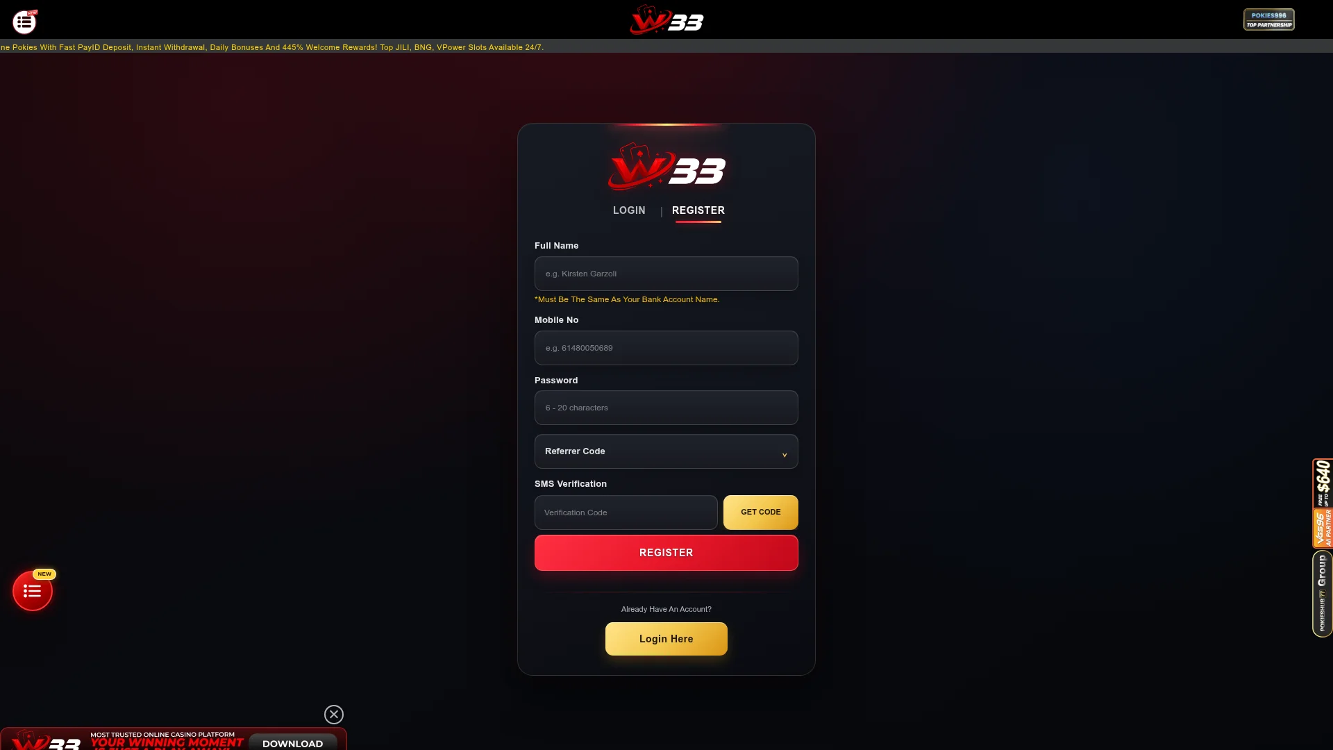 W33 Casino desktop platform